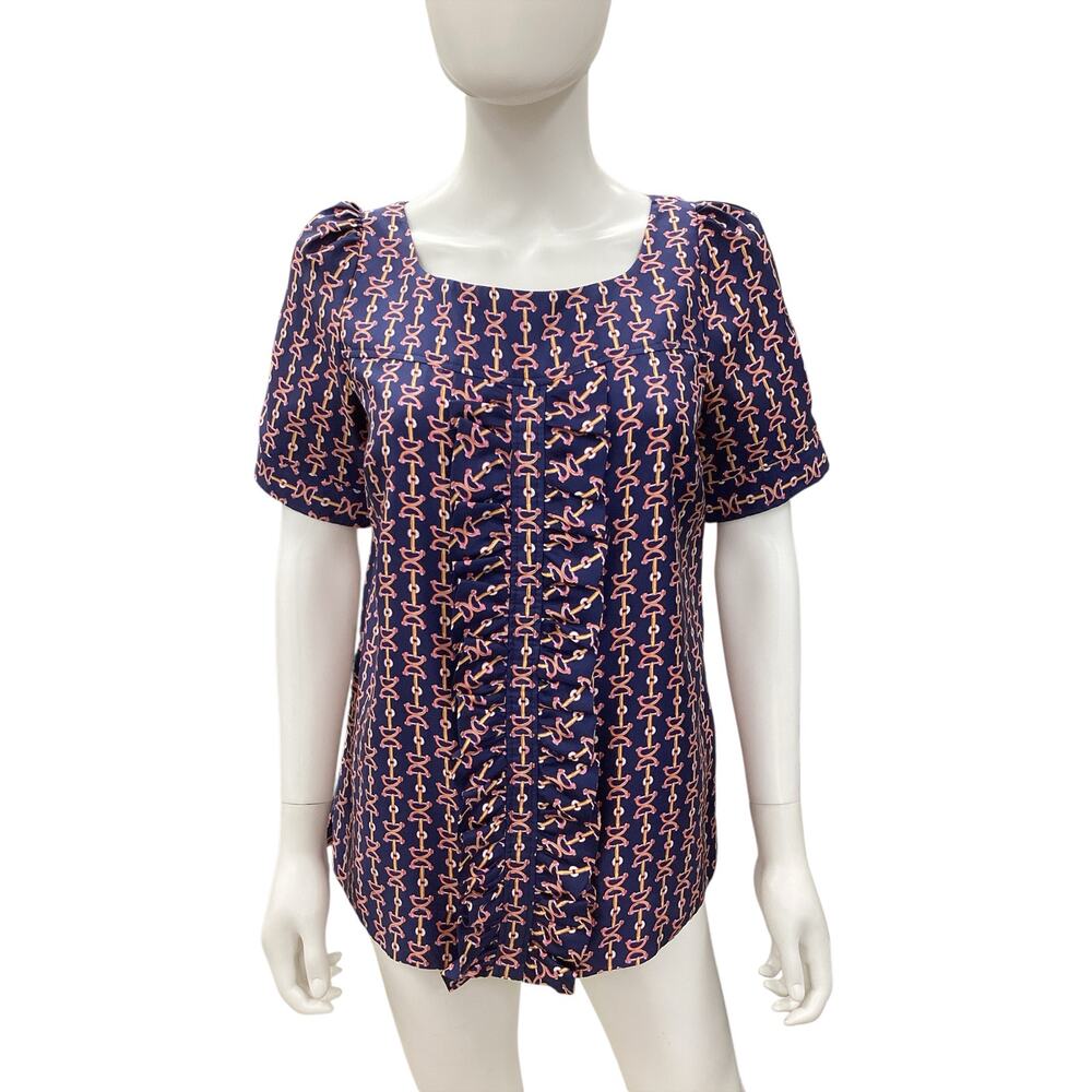 Lilly Pulitzer Top Women’s SZ6 Stirrup Pattern 100% Silk Short Sleeves Navy Blue